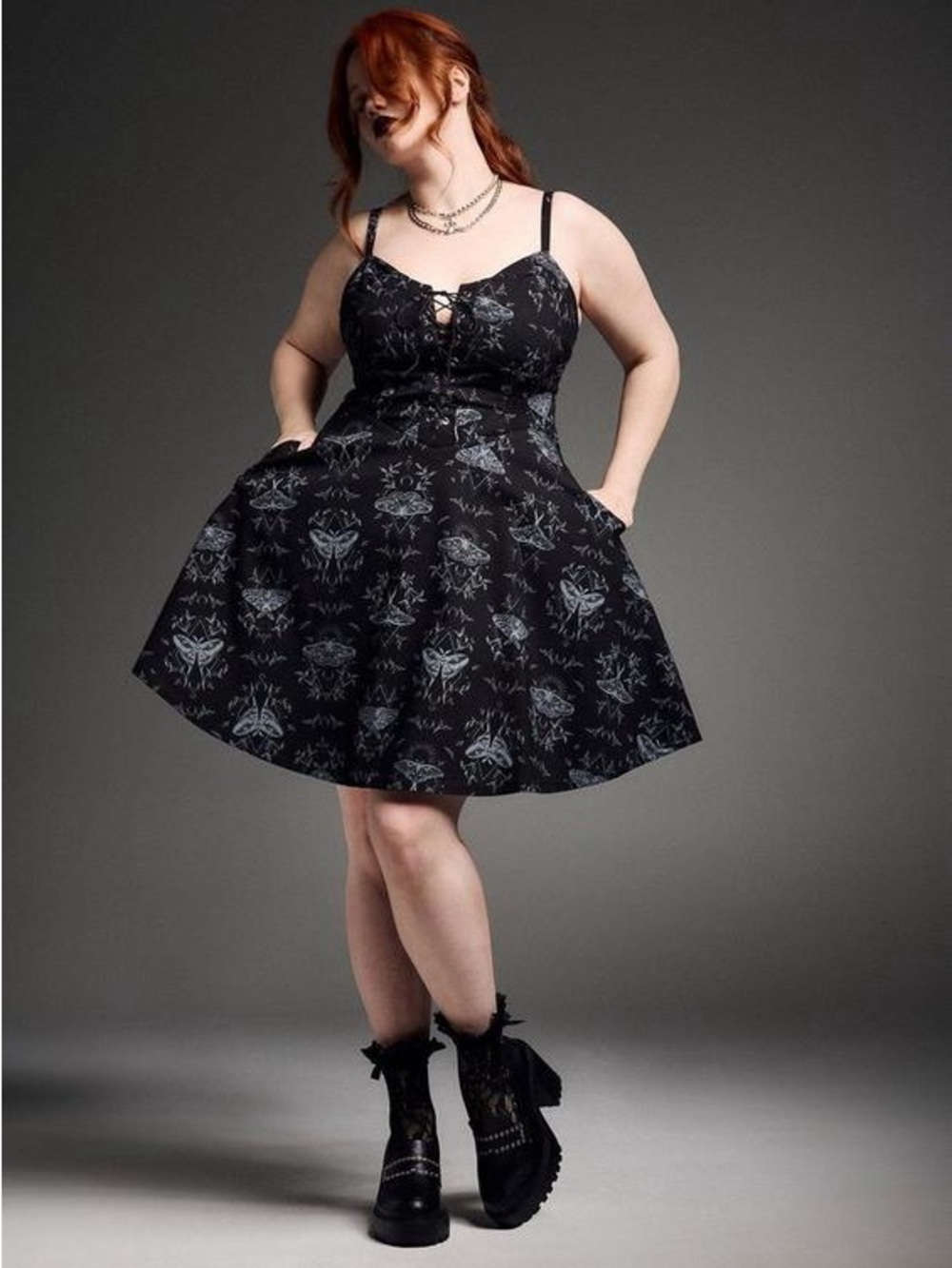 Torrid Nightfall Corset Mini Dress with Lace-Up Bodice - Mystic Moths Deep Black